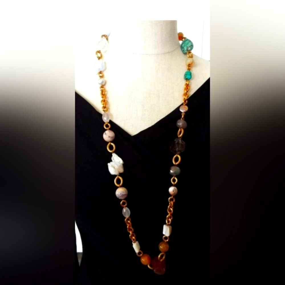 Stephen Dweck Moonstones, Gemstones, Pearls, Bronze Long Necklace